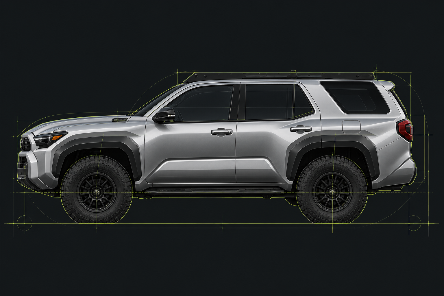Technical illustration of Alex Moorhouse’s 2026 Toyota 4Runner with black aftermarket wheels and lime contour lines